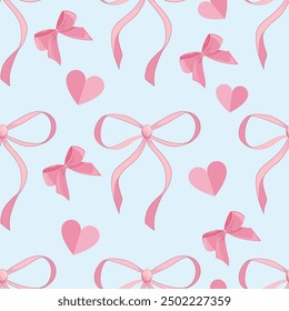 Happy Saint Valentines day seamless pattern vector illustration with gifts, hearts, pink bows and ribbons and colorful confetti. Wrapping paper design to gift boxes or fabric design.