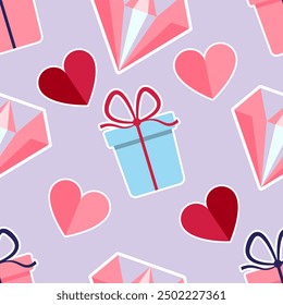 Happy Saint Valentines day seamless pattern vector illustration with gifts, hearts, pink bows and ribbons and colorful confetti. Wrapping paper design to gift boxes or fabric design.