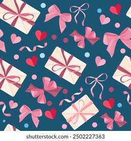 Happy Saint Valentines day seamless pattern vector illustration with gifts, hearts, pink bows and ribbons and colorful confetti. Wrapping paper design to gift boxes or fabric design.