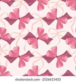 Happy Saint Valentines day seamless pattern vector illustration with gifts, hearts, pink bows and ribbons and colorful confetti. Wrapping paper design to gift boxes or fabric design.