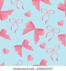 Happy Saint Valentines day seamless pattern vector illustration with gifts, hearts, pink bows and ribbons and colorful confetti. Wrapping paper design to gift boxes or fabric design.