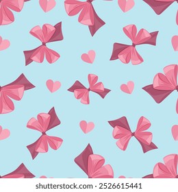 Happy Saint Valentines day seamless pattern vector illustration with gifts, hearts, pink bows and ribbons and colorful confetti. Wrapping paper design to gift boxes or fabric design.