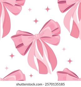 Happy Saint Valentines day seamless pattern vector illustration with gifts, hearts, pink bows and ribbons and colorful confetti. Wrapping paper design to gift boxes or fabric design.