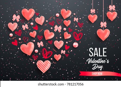 Happy saint valentines day vector illustration with heart, bow, pearl, lettering, ribbon, flower, rose. Template for card, menu, flyer, voucher, poster, cover, banner. Be my Valentine. Glitter Love.