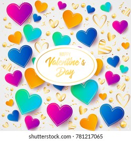 Happy saint valentines day vector illustration with heart, bow, pearl, lettering, ribbon, flower, rose. Template for card, menu, flyer, voucher, poster, cover, banner. Be my Valentine. Glitter Love.