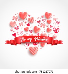 Happy saint valentines day vector illustration with heart, bow, pearl, lettering, ribbon, flower, rose. Template for card, menu, flyer, voucher, poster, cover, banner. Be my Valentine. Glitter Love.