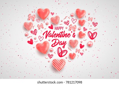 Happy saint valentines day vector illustration with heart, bow, pearl, lettering, ribbon, flower, rose. Template for card, menu, flyer, voucher, poster, cover, banner. Be my Valentine. Glitter Love.