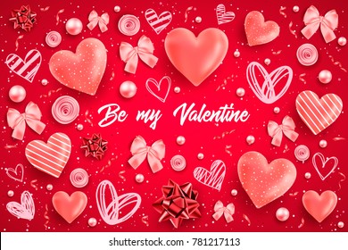 Happy saint valentines day vector illustration with heart, bow, pearl, lettering, ribbon, flower, rose. Template for card, menu, flyer, voucher, poster, cover, banner. Be my Valentine. Glitter Love.