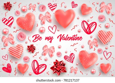 Happy saint valentines day vector illustration with heart, bow, pearl, lettering, ribbon, flower, rose. Template for card, menu, flyer, voucher, poster, cover, banner. Be my Valentine. Glitter Love.