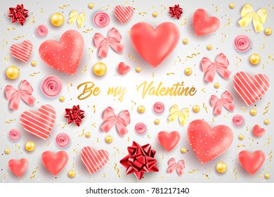 Happy saint valentines day vector illustration with heart, bow, pearl, lettering, ribbon, flower, rose. Template for card, menu, flyer, voucher, poster, cover, banner. Be my Valentine. Glitter Love.