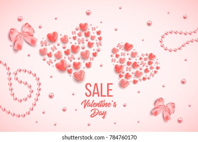 Happy saint valentines day vector illustration with heart, bow, pearl, lettering, ribbon, flower, rose. Template for card, menu, flyer, voucher, poster, cover, banner. Be my Valentine. Glitter Love.