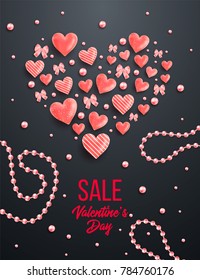Happy saint valentines day vector illustration with heart, bow, pearl, lettering, ribbon, flower, rose. Template for card, menu, flyer, voucher, poster, cover, banner. Be my Valentine. Glitter Love.