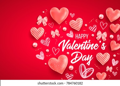 Happy saint valentines day vector illustration with heart, bow, pearl, lettering, ribbon, flower, rose. Template for card, menu, flyer, voucher, poster, cover, banner. Be my Valentine. Glitter Love.