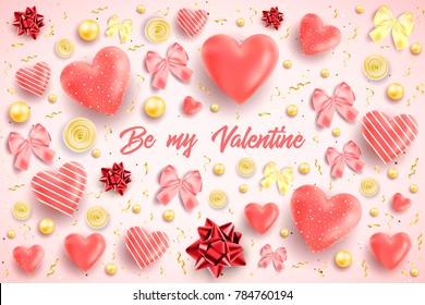 Happy saint valentines day vector illustration with heart, bow, pearl, lettering, ribbon, flower, rose. Template for card, menu, flyer, voucher, poster, cover, banner. Be my Valentine. Glitter Love.