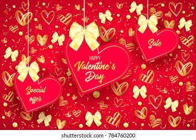 Happy saint valentines day vector illustration with heart, bow, pearl, lettering, ribbon, flower, rose. Template for card, menu, flyer, voucher, poster, cover, banner. Be my Valentine. Glitter Love.