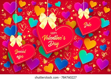 Happy saint valentines day vector illustration with heart, bow, pearl, lettering, ribbon, flower, rose. Template for card, menu, flyer, voucher, poster, cover, banner. Be my Valentine. Glitter Love.