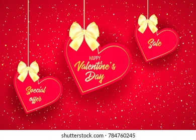 Happy saint valentines day vector illustration with heart, bow, pearl, lettering, ribbon, flower, rose. Template for card, menu, flyer, voucher, poster, cover, banner. Be my Valentine. Glitter Love.