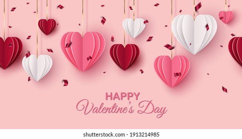 Happy Saint Valentine's day web banner. Hanging red, pink, white paper cut hearts on blush background. Decorative holiday banner, festive poster, romantic flyer. Vector illustration