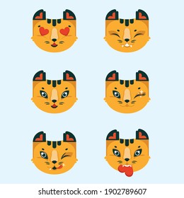 Happy saint Valentines emoji tiger positive emotions flat illustration set