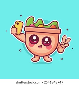 happy salad food character mascot taking a selfie with a smartphone isolated cartoon