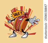 Happy Sale Hotdog Mascot Character Illustration Vintage