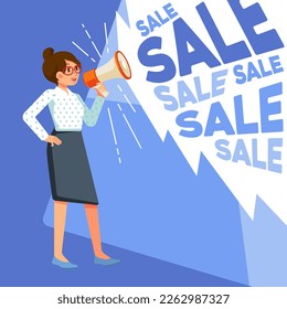 Happy sales woman holding megaphone shouting loud calls customers announcing sale Promotion advertising concept