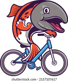 Happy Salmon Fish Cartoon Rides Bike