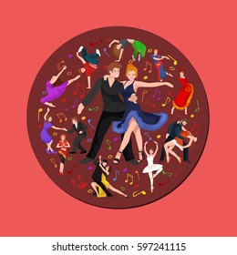 Happy Salsa dancers couple isolated on white icon pictogram, man and woman in dress dancing  with passion