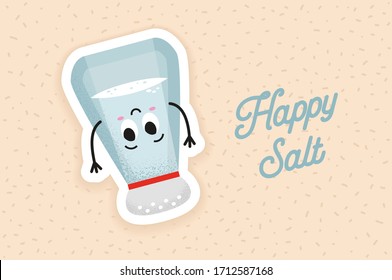 Happy salt shaker sticker vector illustration for kids  Cute cartoon style spice  Upside down salt is smiling  Ideal for children gastronomy books as an illustration 