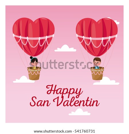 happy san valentine boy and girl flying heart airballoon valentine day pink sky