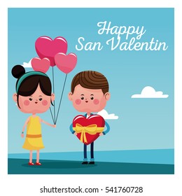 happy san valentine card girl branch balloons and boy with red heart