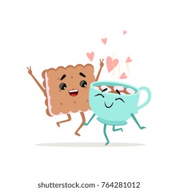 Happy sandwich cookie and cup of coffee with marshmallow. Sweet couple in love. Comic food characters in flat style. Isolated vector illustration