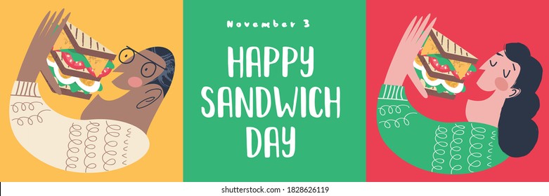 Happy sandwich day. Men and women eat sandwiches. Vector illustration, greeting poster, greeting card.