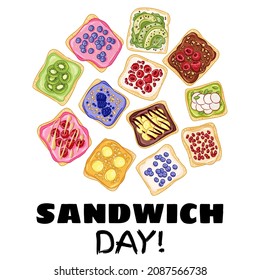 Happy sandwich day postcard. Toast bread sandwiches with peanut butter, fruits and berries healthy poster. Breakfast or lunch vegan food. Stock vegetarian food illustration