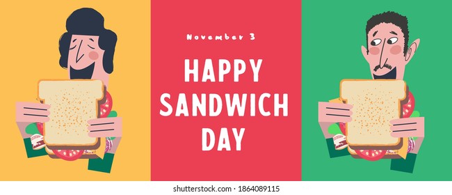 Happy sandwich day. Vector illustration, greeting poster, greeting card.