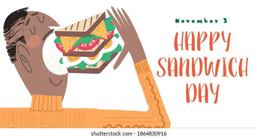 Happy sandwich day. Vector illustration, greeting poster, greeting card.