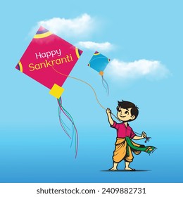 Happy Sankranti Boy Fliegender Kite Vektor Kunst