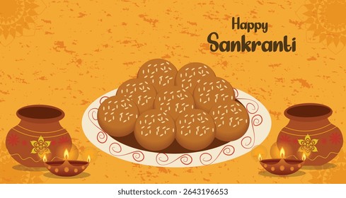 Happy Sankranti Celebration Banners Set | Vector Kites, Ladoo and Pongal Pot Art