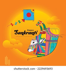 Happy sankranti and pongal. A Gangireddu, a decorated ox also known as basava with flying kite 