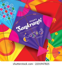 Happy sankranti written in telugu language on kite. Sankranti wishes with kite decoration