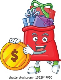 happy santa bag full of gift cartoon character with gold coin