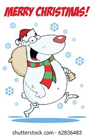 Happy Santa Bear Runs With Bag