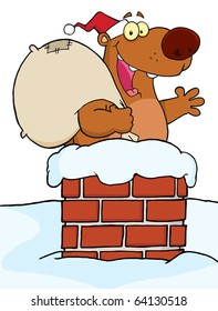Happy Santa Bear Waving A Greeting In Chimney