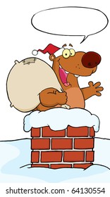 Happy Santa Bear Waving A Greeting In Chimney With Speech Bubble