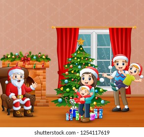 Happy santa calus with family celebration a christmas at home