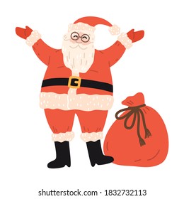 Happy santa character in red costume with bag of gifts during Christmas