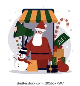 Happy Santa Claus announce about sale for new year. Concept of announcement for christmas. Online shopping and gifts for Xmas with discount. Shop application on phone screen. Flat vector illustration