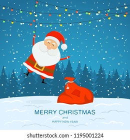 Happy Santa Claus with bag of gifts and colorful Christmas lights. Text Merry Christmas and Happy New Year on winter background with falling snow, illustration.