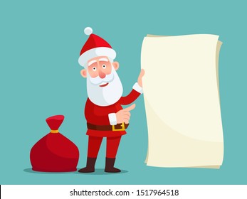 Happy Santa Claus with bag of presents holding paper. Naughty or nice list, wish list. Merry Christmas & New Year's. Vector illustration, flat design, cartoon style. Isolated background. Blank banner.