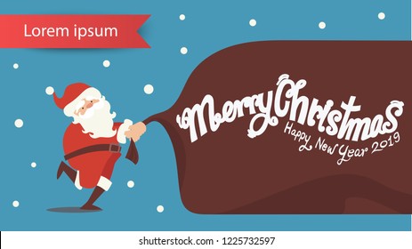Happy Santa Claus with bag sack full Snowy Christmas landscape. presents of Christmas gifts and happy new year character Vector illustration in cartoon style.